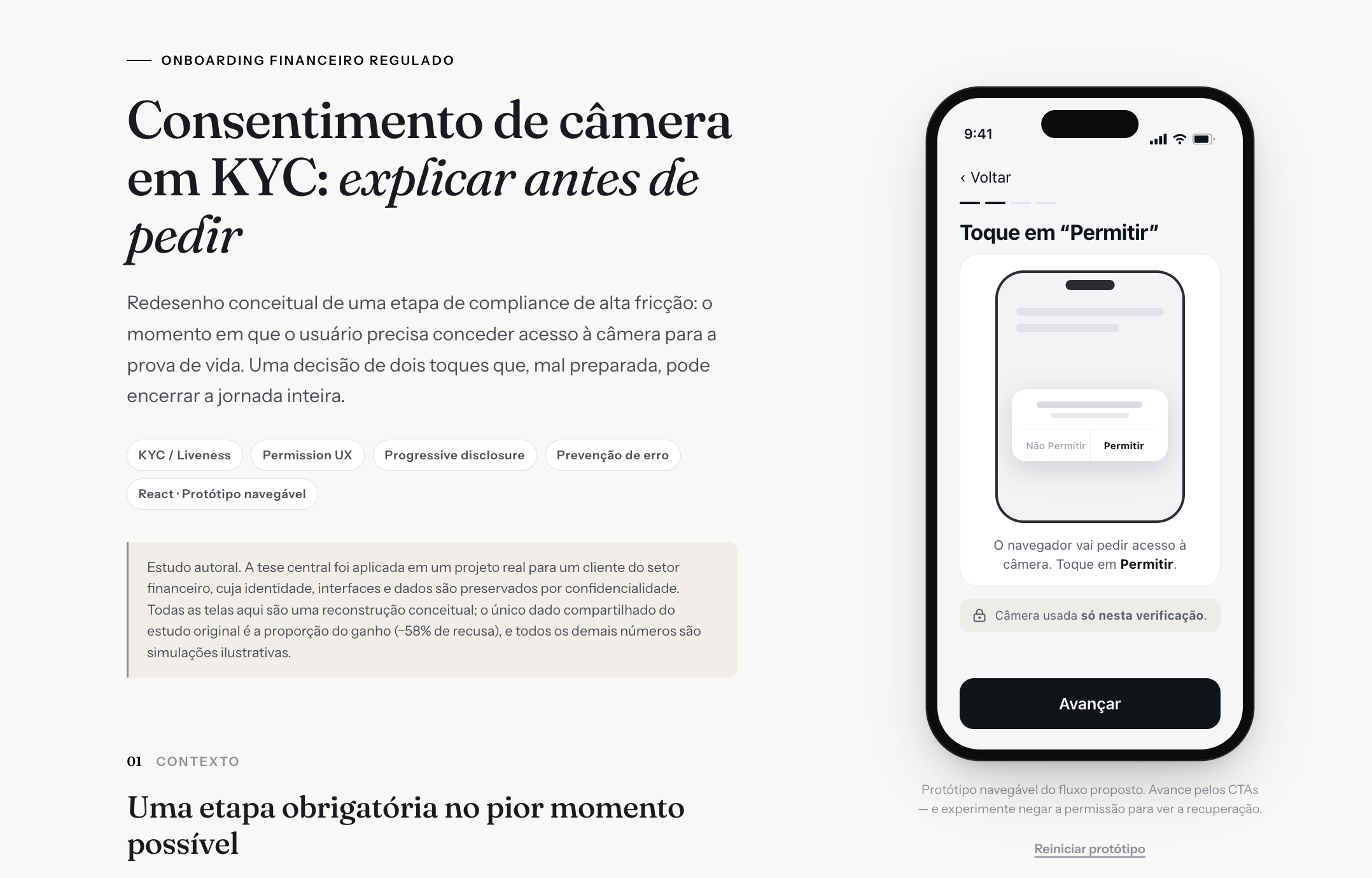 Consentimento de câmera em KYC, tela de verificação de identidade em app mobile